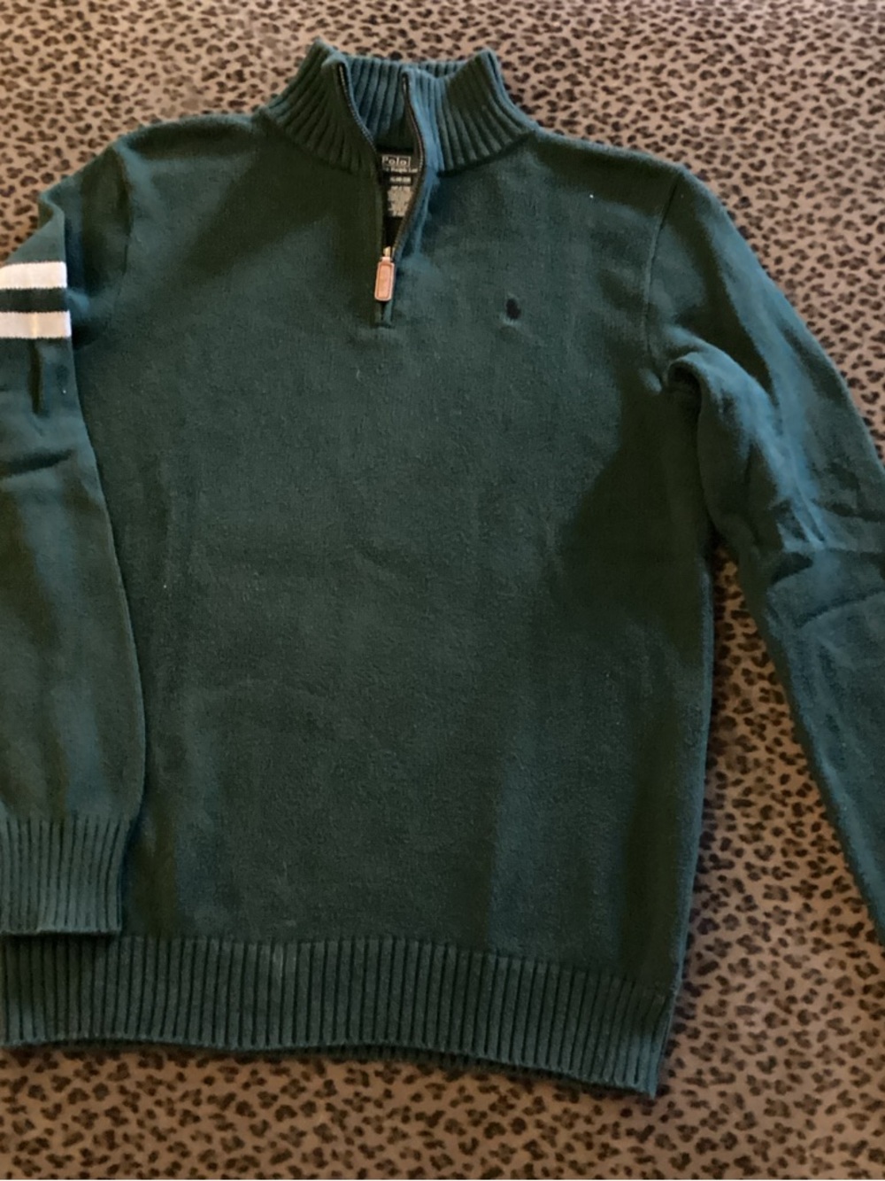 Polo by Ralph Lauren Forest Green Half-Zip Sweater with White Sleeve Stripes